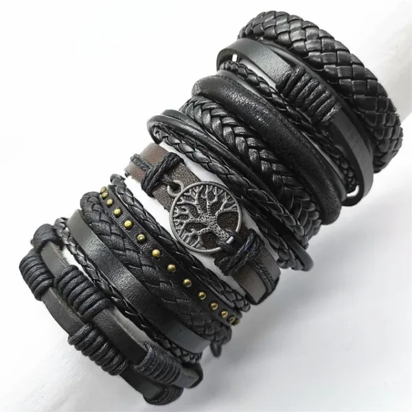 10 Pcs Adjustable Black Leather Bracelets Set - Image 19