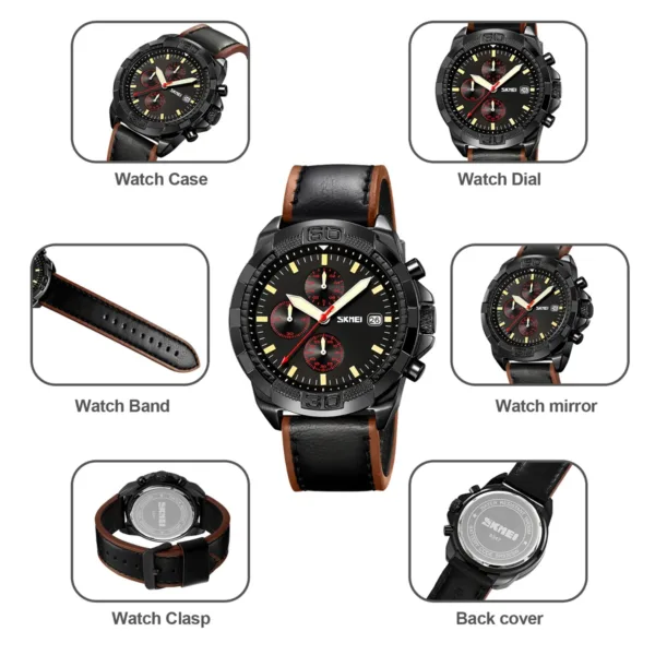 Men's Leather Strap Quartz Stopwatch Watch - Image 4