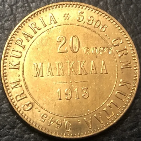 1913 Finland 20 Markkaa Gold Coin Replica - Image 3