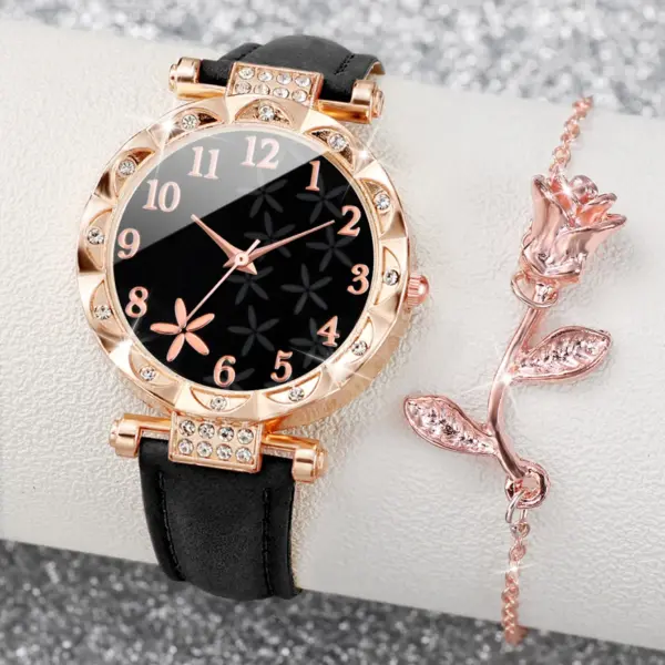 2PCS Women's Floral Dial Watch and Bracelet Set - Image 2