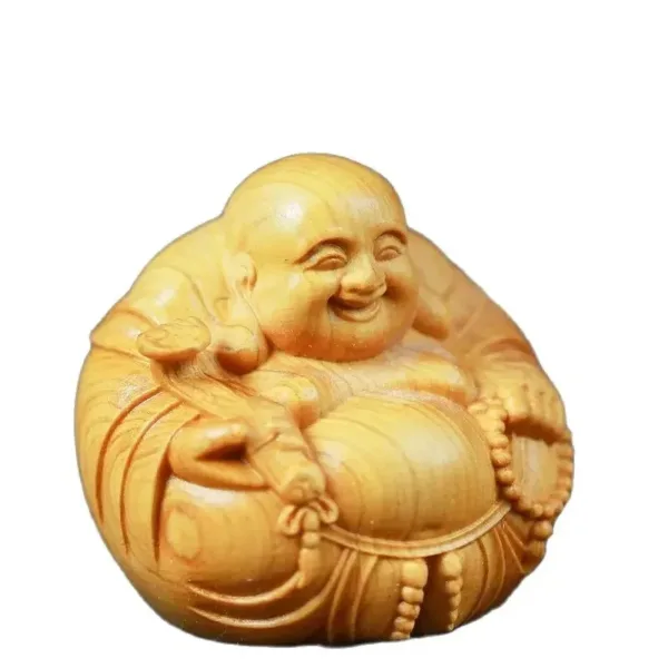 Miniature Wooden Laughing Buddha Sculpture - Image 5