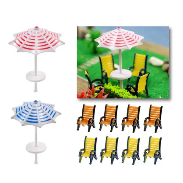 2 Sets N Scale Plastic Model Umbrellas and Chairs