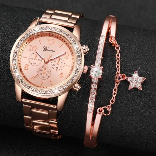 2PCS Rose Gold Women's Analog Watch Bracelet Set