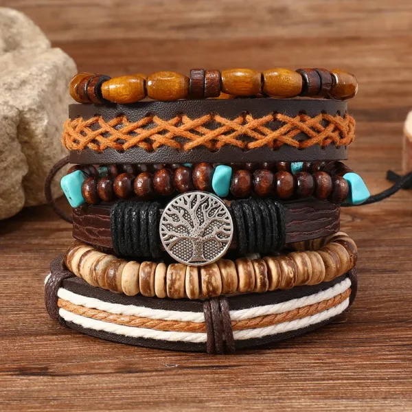 6 Piece Adjustable Leather Wrap Bracelets Set - Image 3