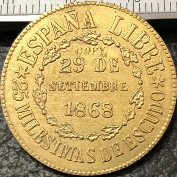 1868 Spain 25 Milesimas de Escudo Coin Replica - Image 3