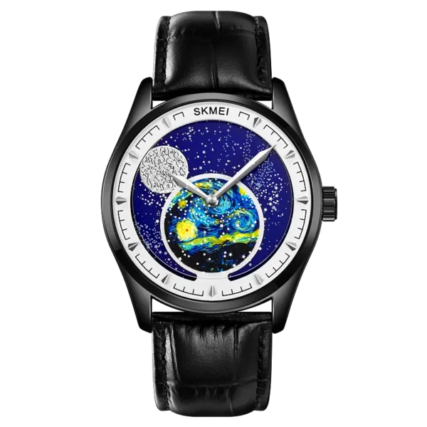 Men's Moon Phase Quartz Watch with Leather Strap - Image 8