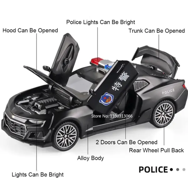 1:32 Scale Black Camaro Police Car Model - Image 2