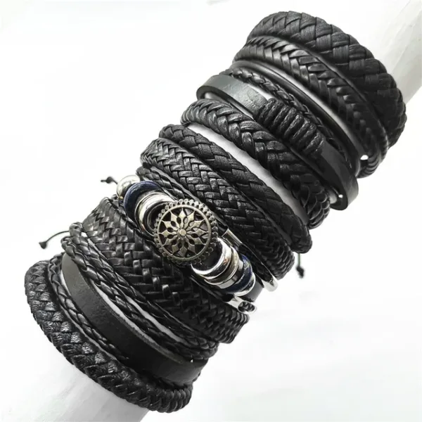 10 Pcs Adjustable Black Leather Bracelets Set - Image 16