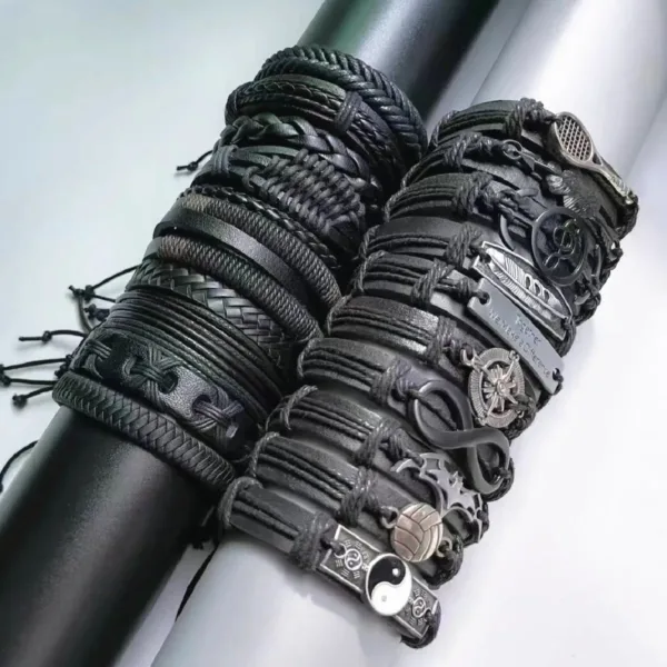 10 Pcs Adjustable PU Leather Bracelets Set - Image 2