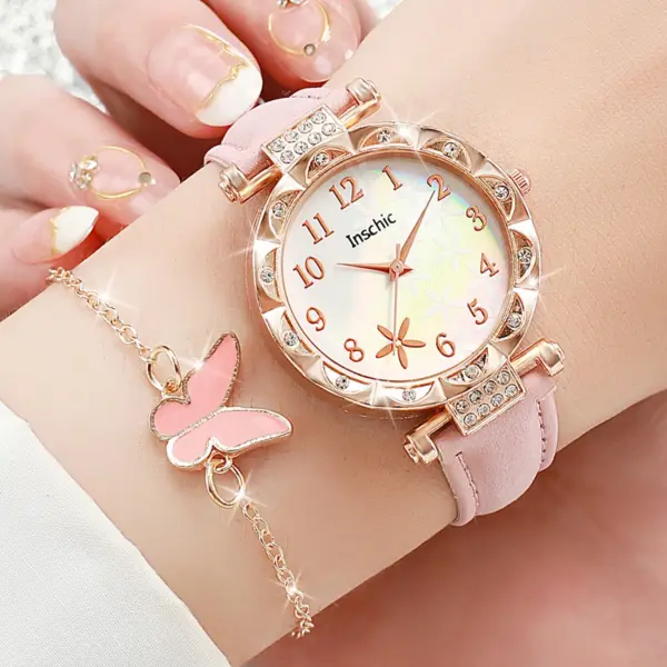 6PCS Women's Floral Leather Band Watch Set - Image 2