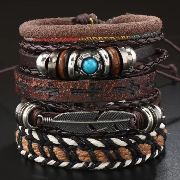 Bohemian Leather Wrap Bracelets Set of 5-6 - Image 4