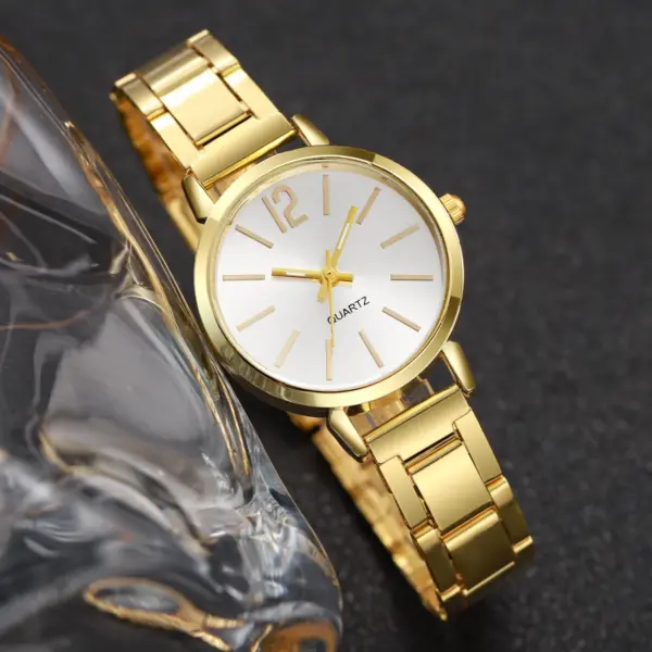 2PCS Women's Gold Steel Band Quartz Watch Set - Image 4