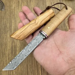 Damascus Steel Tanto Knife with Wooden Sheath