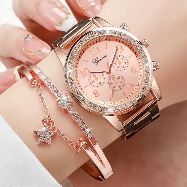 2PCS Rose Gold Women's Analog Watch Bracelet Set - Image 2