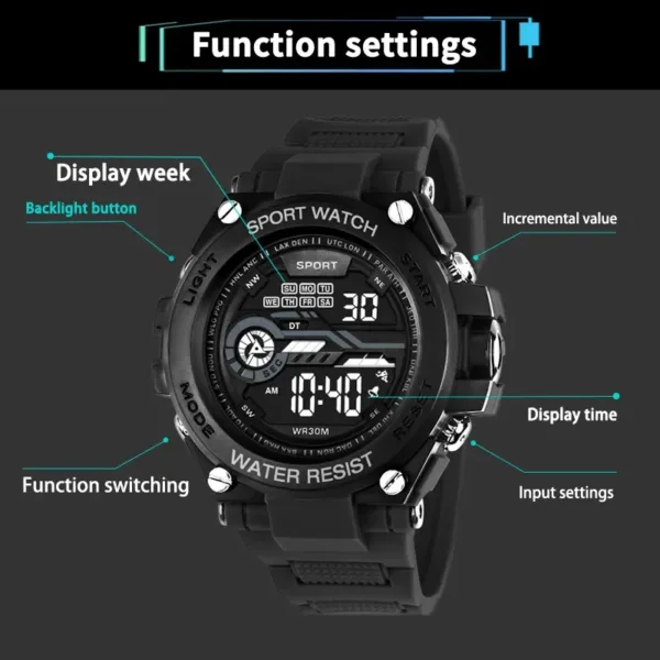 YIKAZE Men's Digital Sports Watch 51mm Waterproof - Image 4