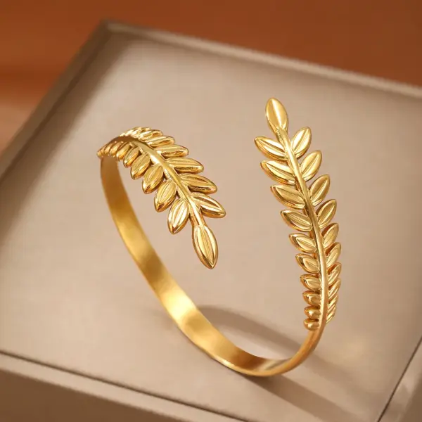 Chic Stainless Steel Leaf Cuff Bracelet for Women - Image 3