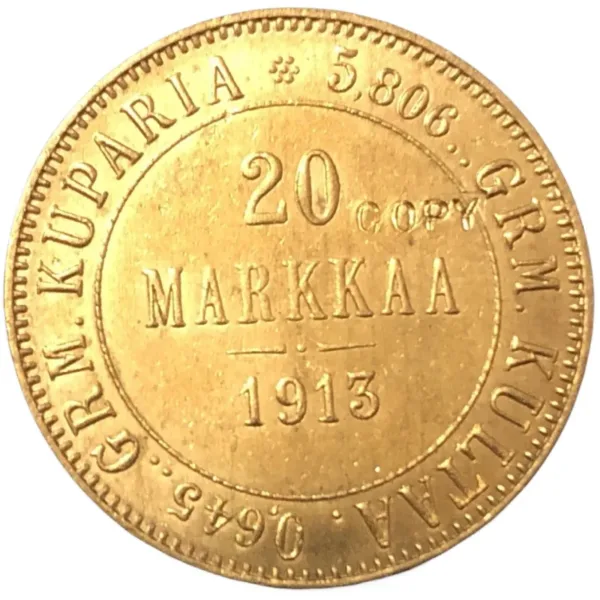 1913 Finland 20 Markkaa Gold Coin Replica