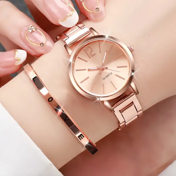 2PCS Women's Gold Steel Band Quartz Watch Set - Image 2