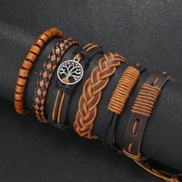 6 Piece Adjustable Leather Wrap Bracelets Set - Image 9