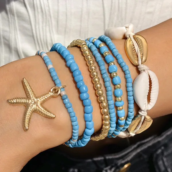 Blue Starfish Shell Bead Bracelets Set for Women - Image 8