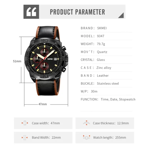 Men's Leather Strap Quartz Stopwatch Watch - Image 5