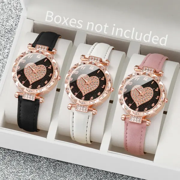 3PCS Women's Rhinestone Heart Dial Quartz Watches