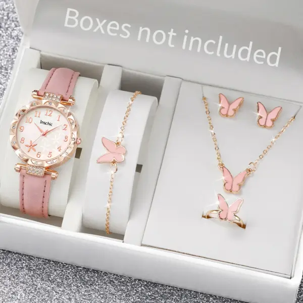 6PCS Women's Floral Leather Band Watch Set