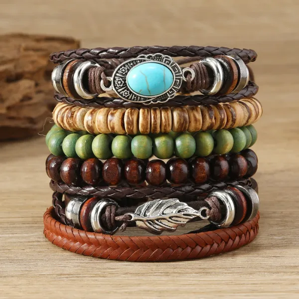 Bohemian Leather Wrap Bracelets Set of 5-6 - Image 8