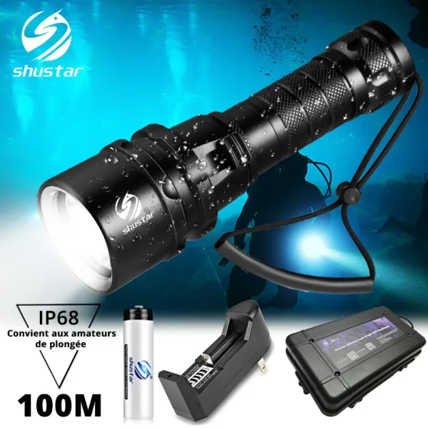 2000 Lumens IP68 Diving Flashlight with Battery