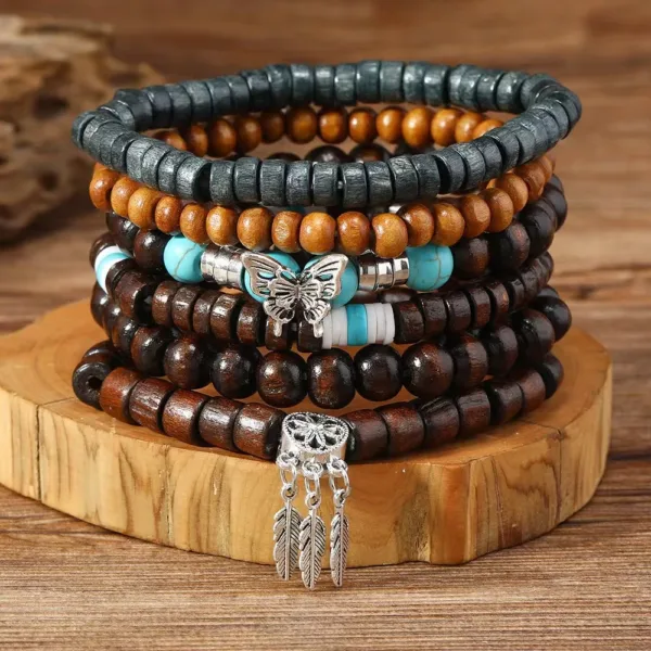 Vintage Wood Beads Charm Bracelets Set - Image 33