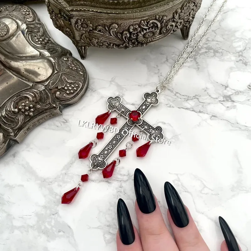 Gothic Cross Necklace with Red Drops 3 Gothic Cross Necklace with Red Drops - Image 3