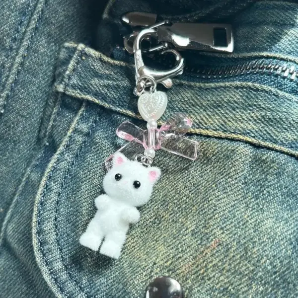 Kawaii Fuzzy Cat Heart Bow Keychain - Image 6