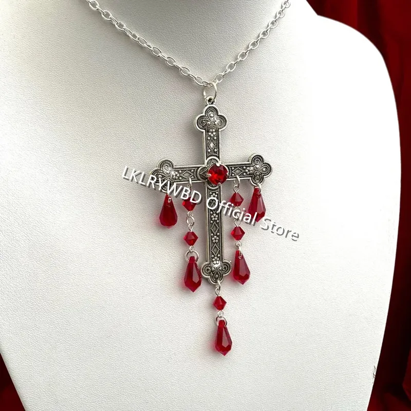 Gothic Cross Necklace with Red Drops 2 Gothic Cross Necklace with Red Drops - Image 2