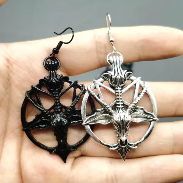 Gothic Pentagram Goat Skull Pendant Earrings - Image 2
