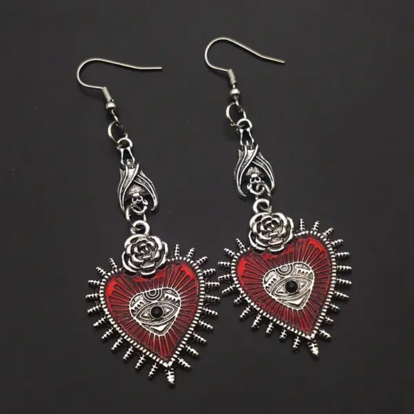 Gothic Drop Earrings with Heart and Rose Design - Image 4