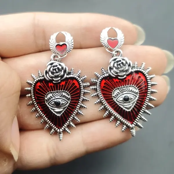 Gothic Drop Earrings with Heart and Rose Design - Image 5