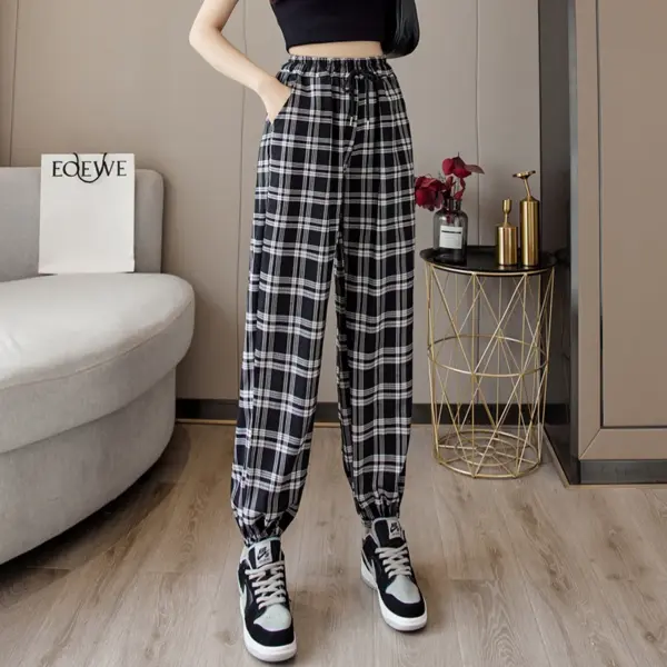 Loose Black Plaid Harem Pants for Women - Image 5