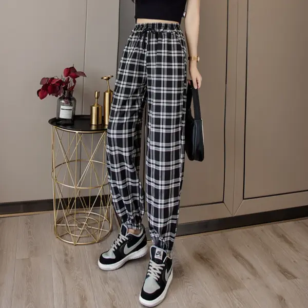 Loose Black Plaid Harem Pants for Women - Image 6