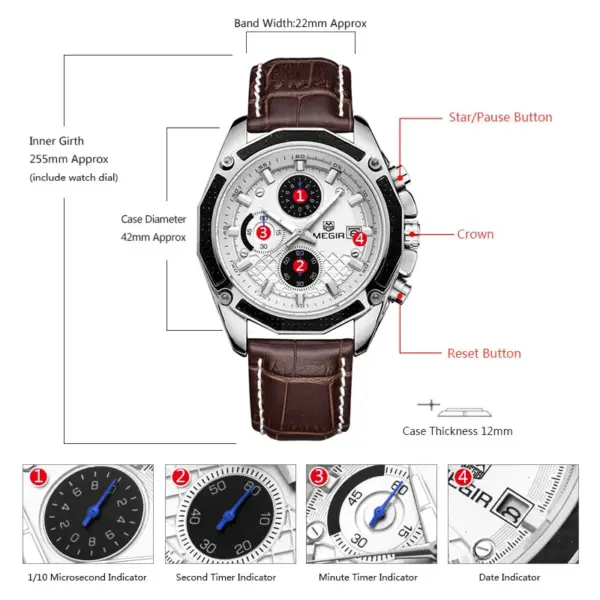 Megir 2015G Quartz Chronograph Leather Watch - Image 6