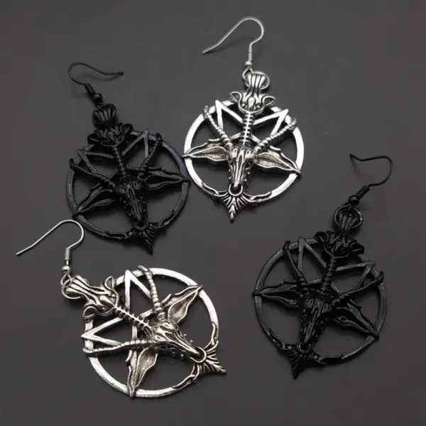 Gothic Pentagram Goat Skull Pendant Earrings - Image 3