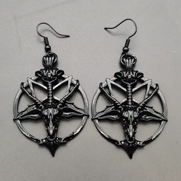 Gothic Pentagram Goat Skull Pendant Earrings - Image 4