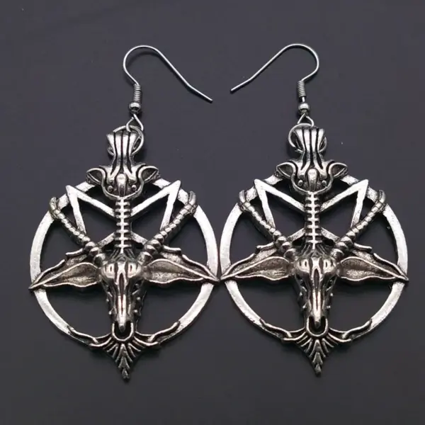 Gothic Pentagram Goat Skull Pendant Earrings - Image 6