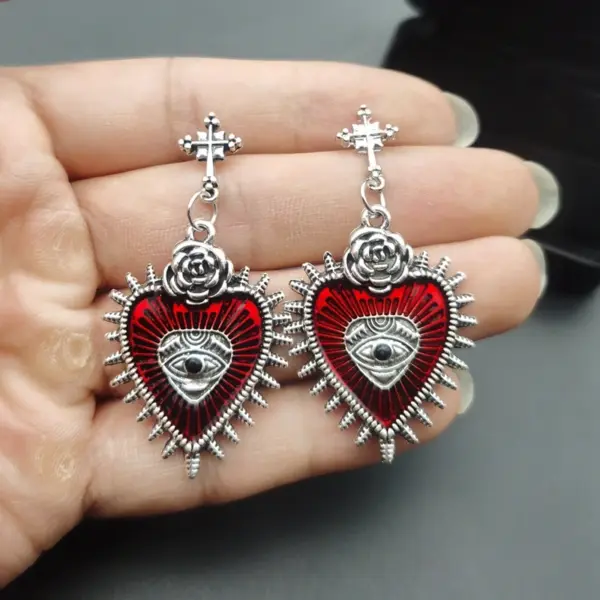Gothic Drop Earrings with Heart and Rose Design - Image 2