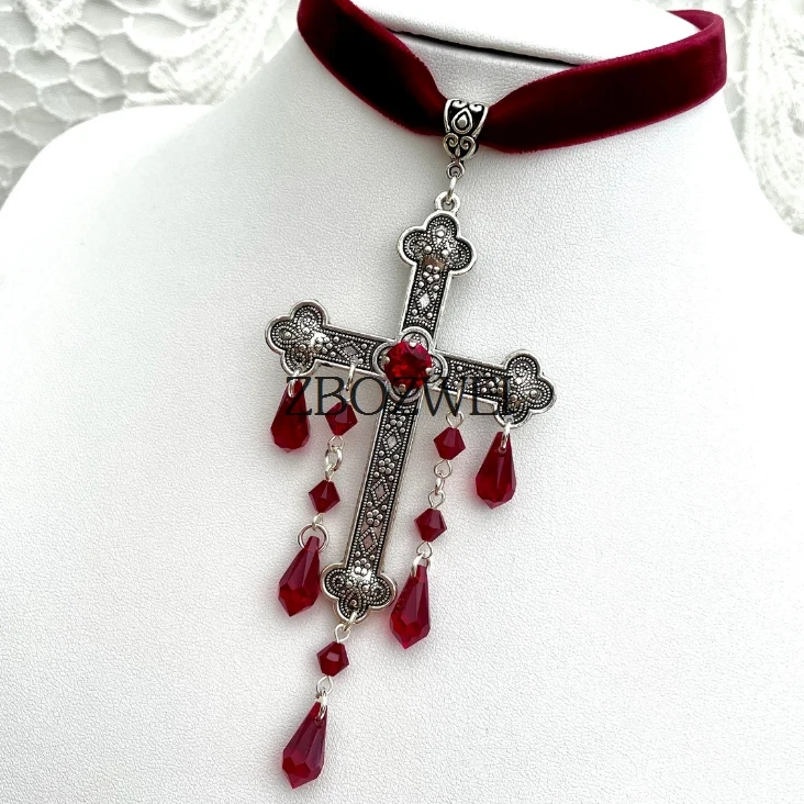 Neo-Gothic Red Velvet Cross Choker 5 Neo-Gothic Red Velvet Cross Choker - Image 5