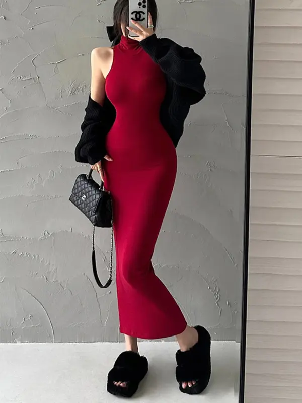 Red Turtleneck Midi Dress for Women - Image 8