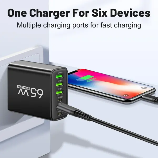 65W 6-in-1 USB and Type-C Wall Charger - Image 3