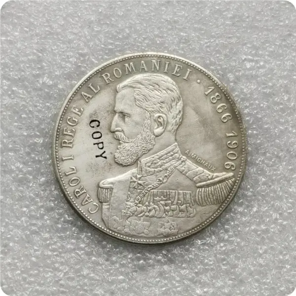 1906 Romania 50 Lei Carol I Replica Coin - Image 2