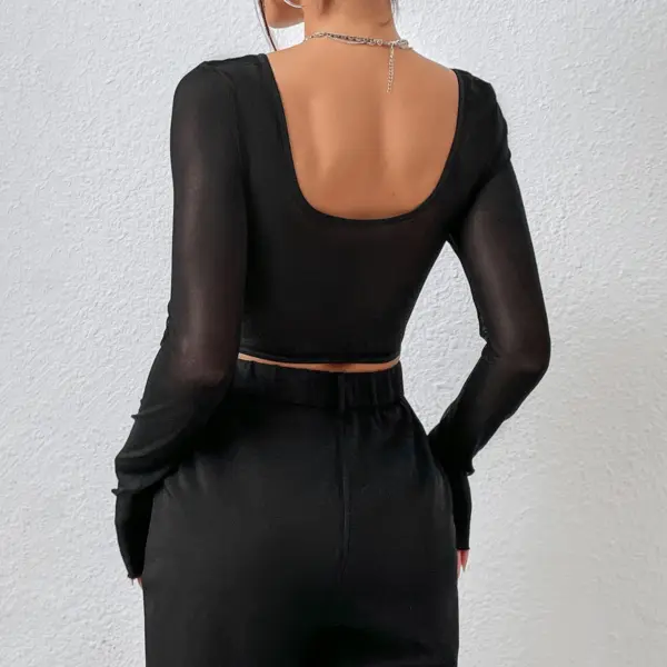 Chic Black Lace V-Neck Crop Top Blouse - Image 2