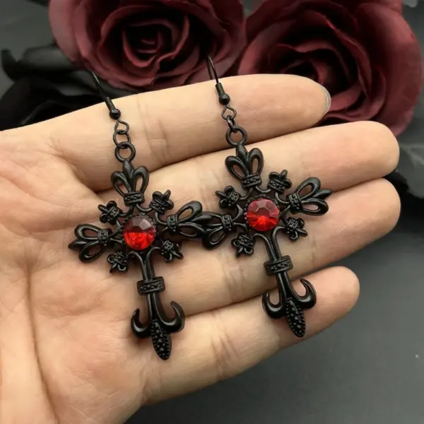 Gothic Cross Drop Earrings with Red Crystals - Image 3