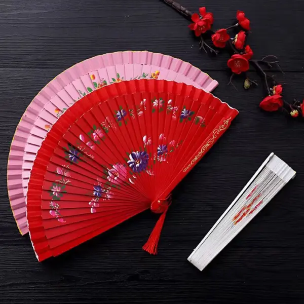 Wooden Folding Fan with Floral Design